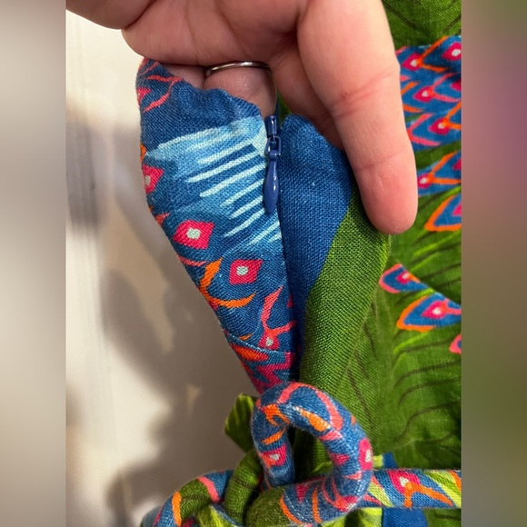 FARM RIO Blue Macaw Print Linen Mini Wrap Dress Tropical Vacation - Picture 8 of 10